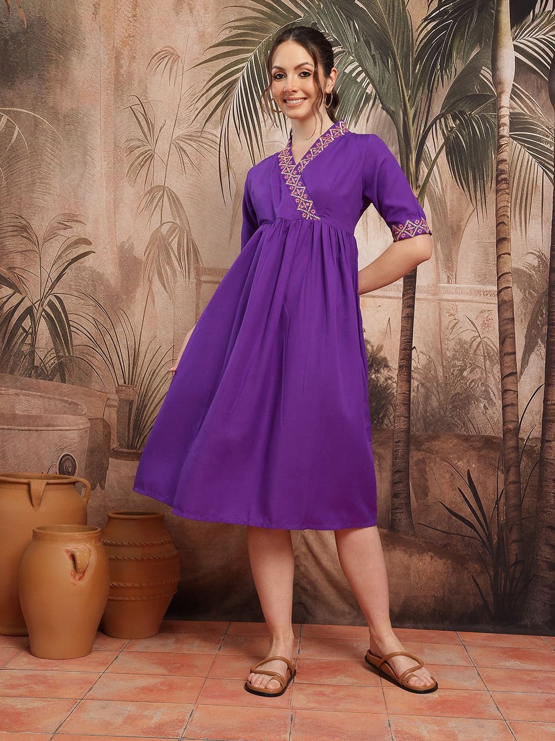 Sangria Embroidered Pleated Ethnic A-Line Midi Dress - view 1