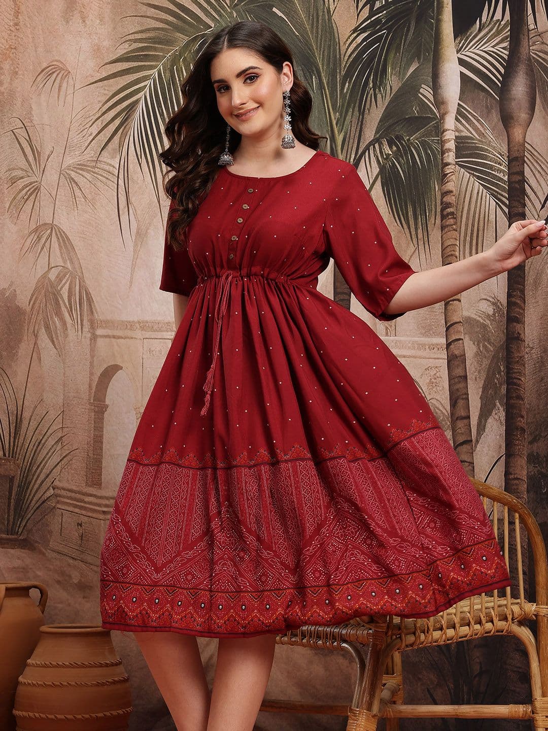 Sangria Ethnic Motifs Printed Knee Length Ethnic Dress - view 1