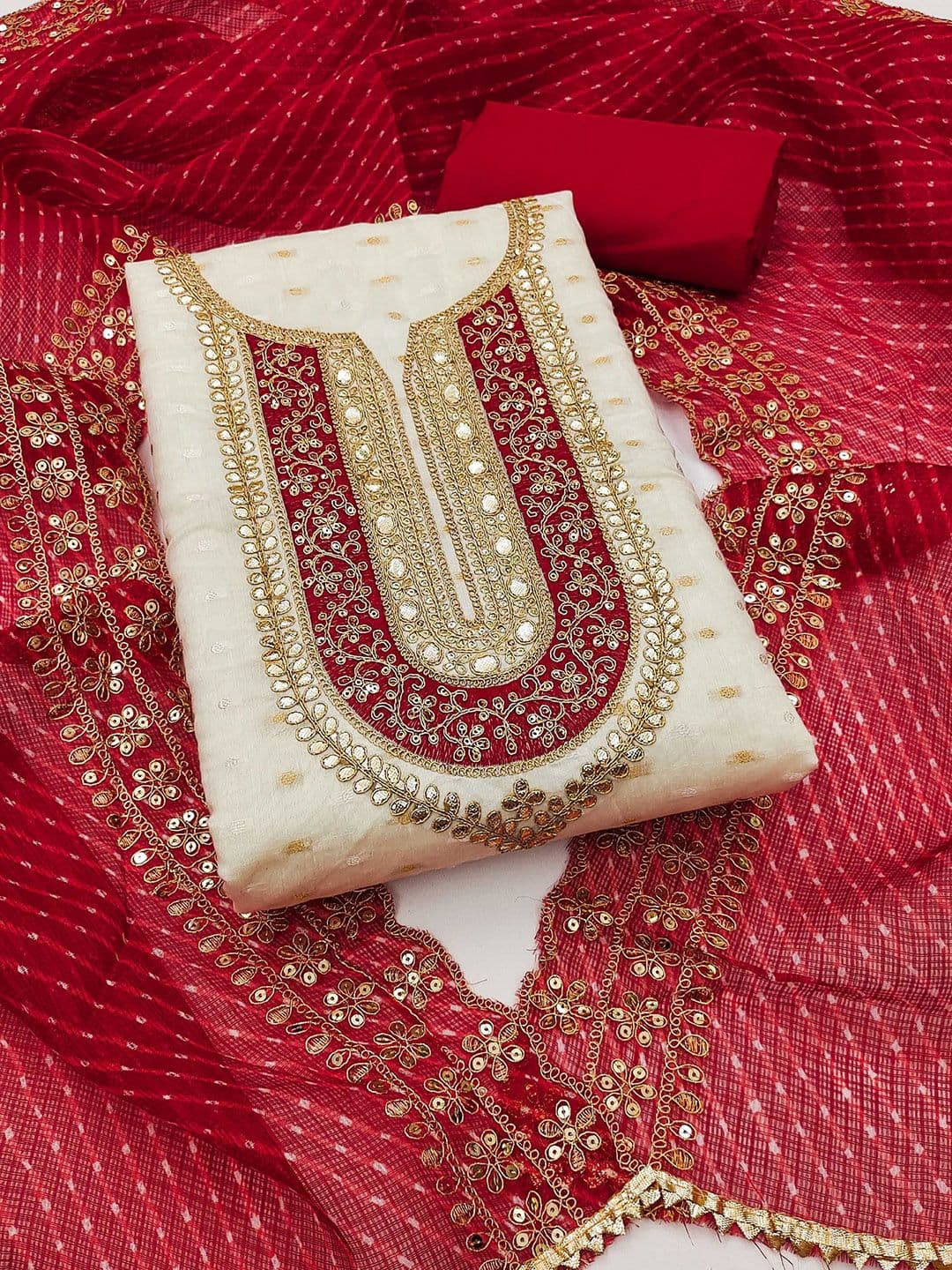 Panzora Floral Embroidered Sequinned Chanderi Silk Unstitched Dress Material - view 1