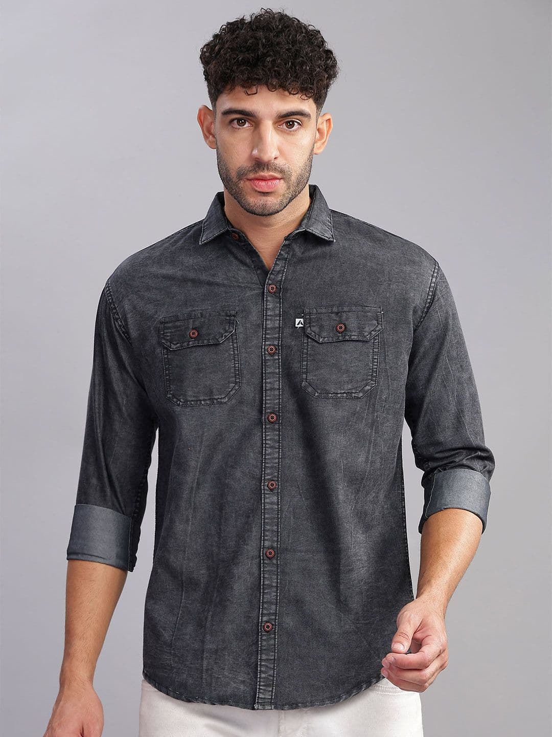 AIDAN PAUL Men Classic Fit Spread Collar Faded Denim Casual Shirt - view 1