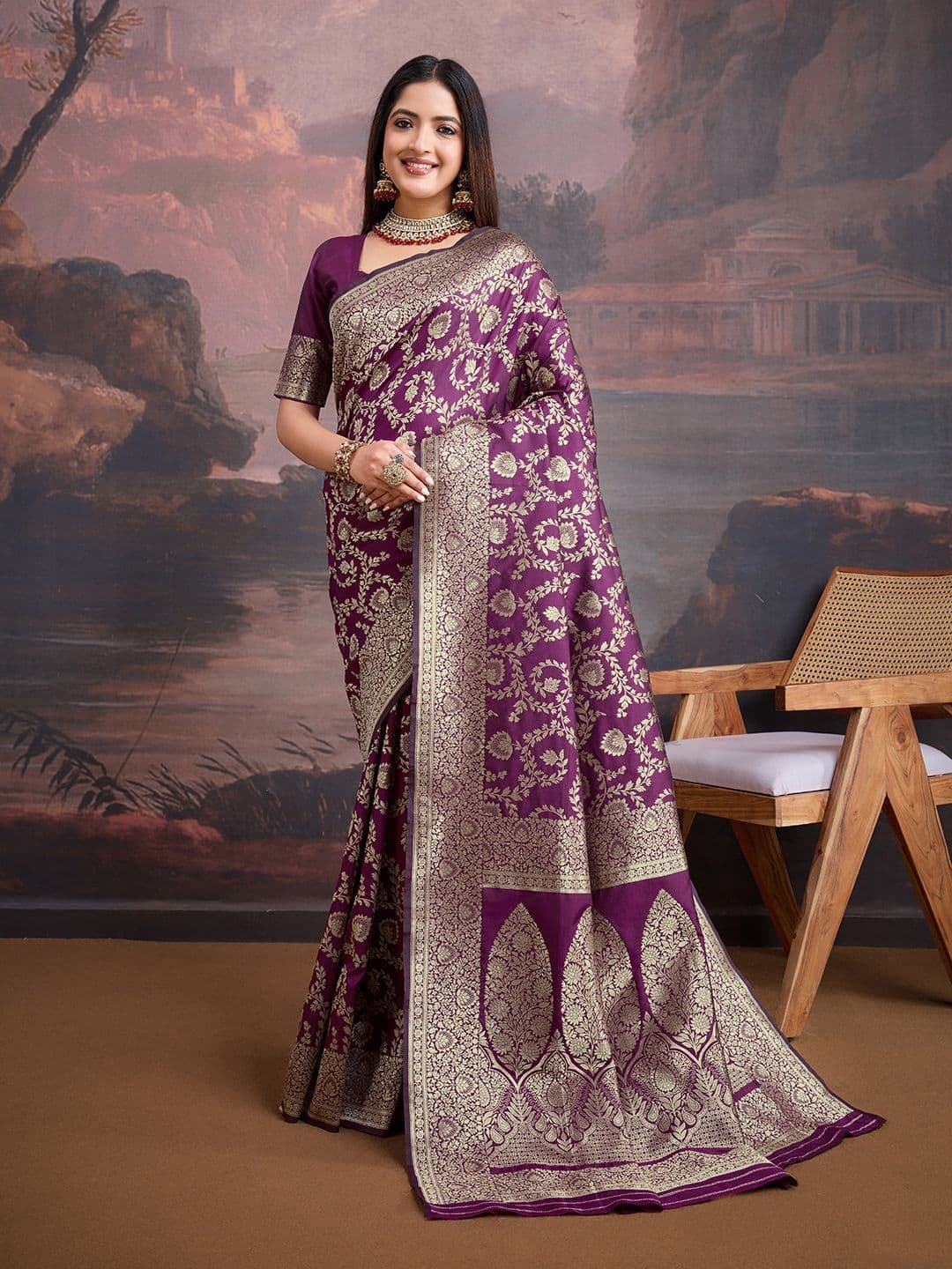 House of Pataudi Women Silk Blend Ethnic Motifs Banarasi Saree With Blouse - view 1