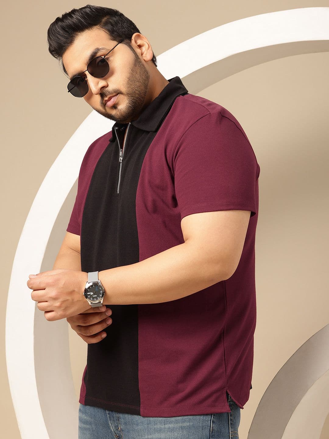 Sztori Plus Size Colourblocked Pure Cotton Polo Collar T-shirt - view 1