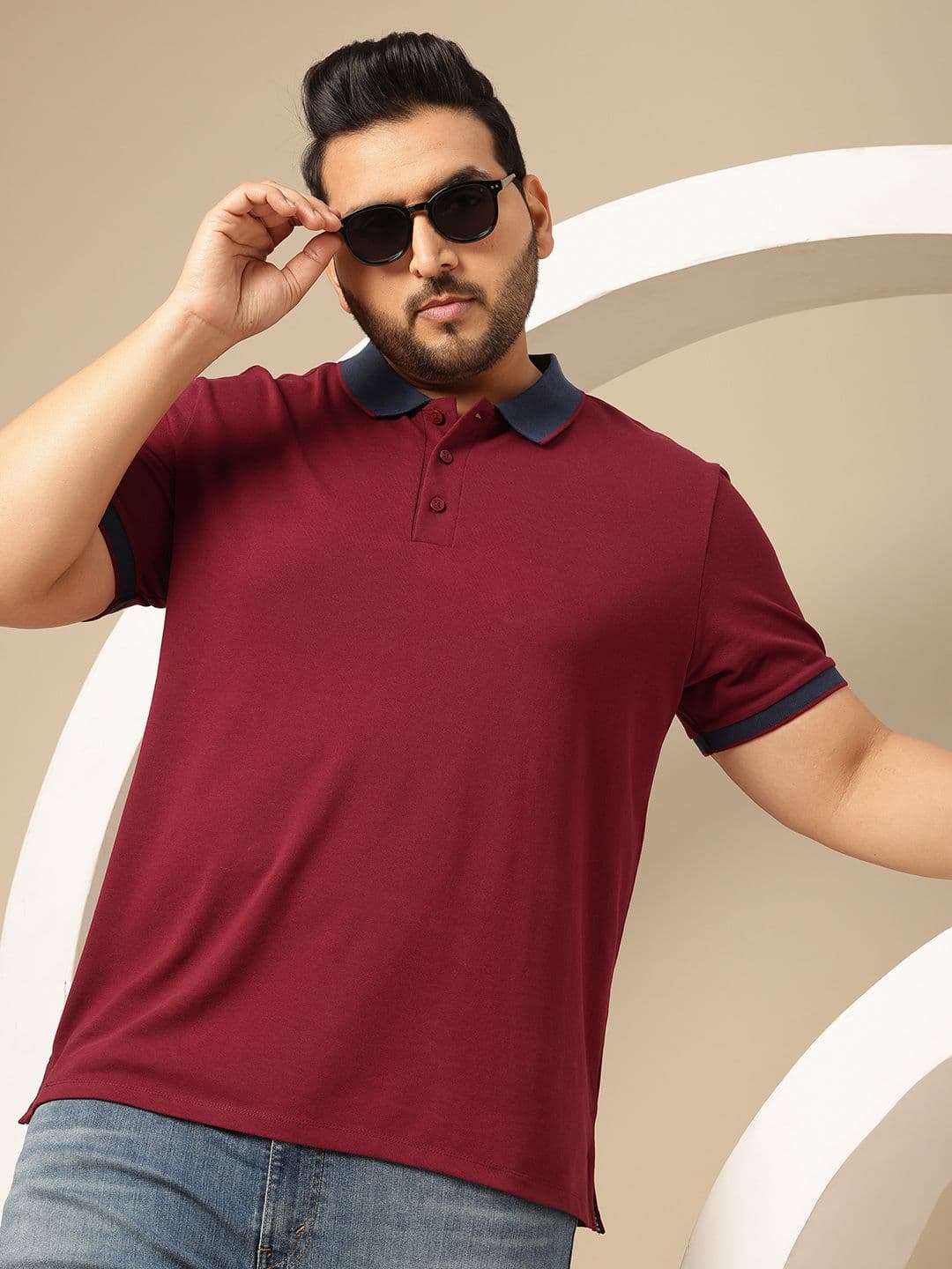 Sztori Plus Size Contrast Polo Collar Pure Cotton T-shirt - view 1