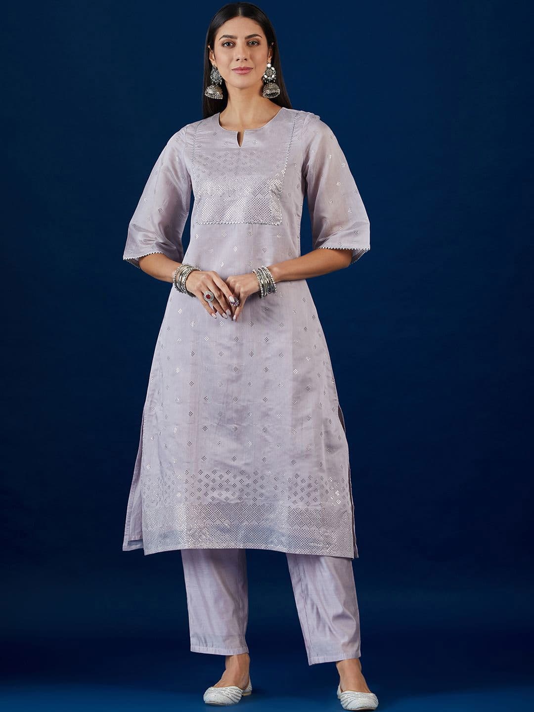 House of Pataudi Ethnic Motifs Printed Chanderi Silk Straight Kurta - view 1