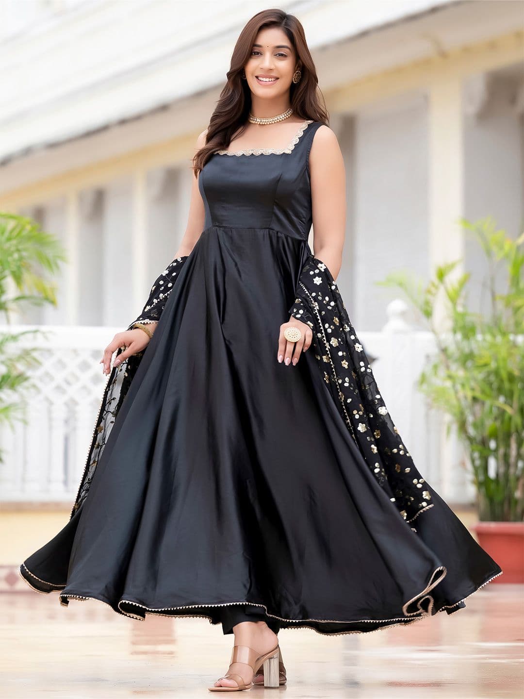 TextileNow Square Neck Sequinned Satin Anarkali Kurta with Trousers & Dupatta - view 1