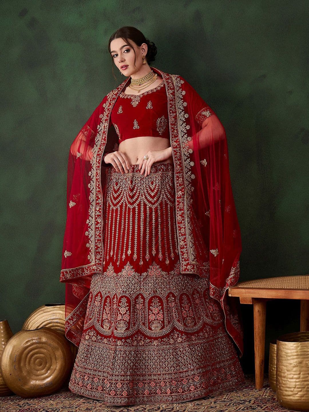 Sangria Embroidered Velvet Flared Lehenga & Unstitched Choli With Dupatta - view 1