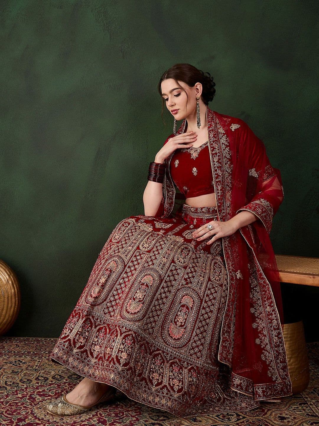 Sangria Embroidered Velvet Flared Lehenga & Unstitched Choli With Dupatta - view 1