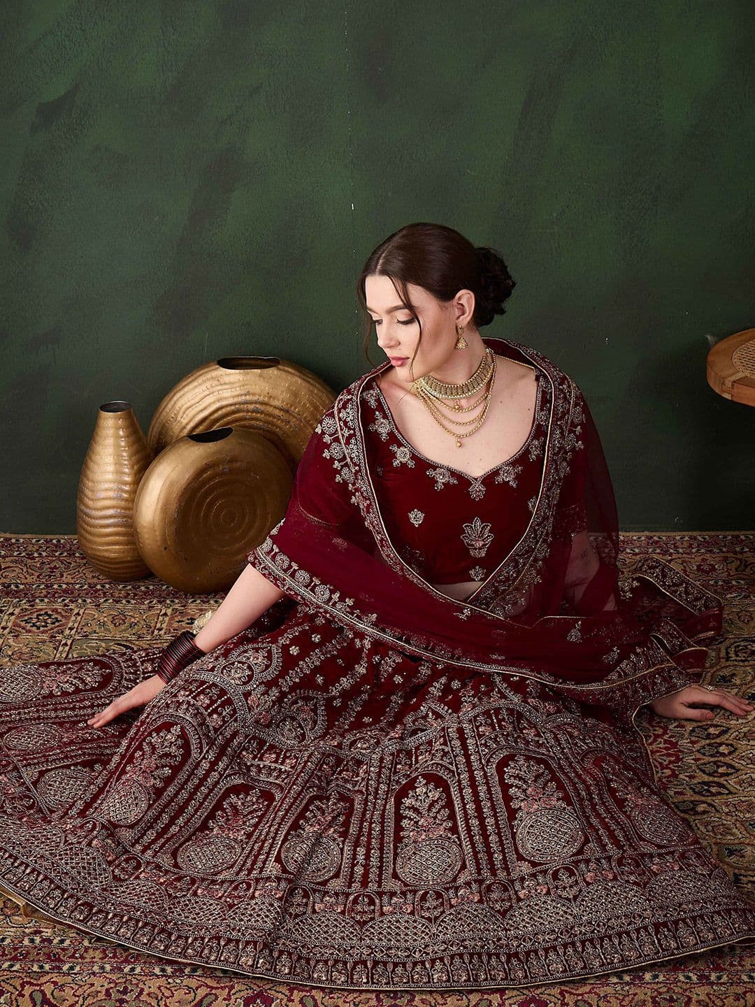 Sangria Embroidered Velvet Flared Lehenga & Unstitched Choli With Dupatta - view 1