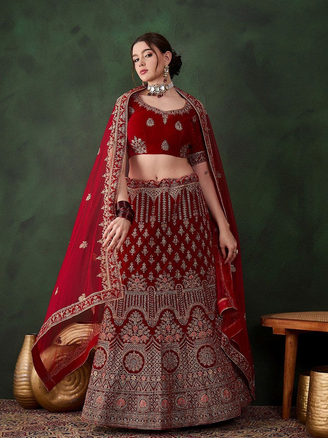 Sangria Embroidered Velvet Flared Lehenga & Unstitched Choli With Dupatta - view 1