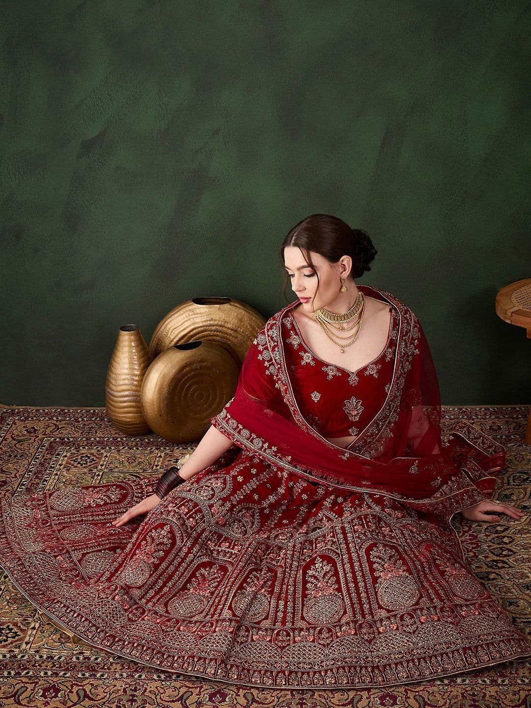Sangria Embroidered Velvet Flared Lehenga & Unstitched Choli With Dupatta - view 1