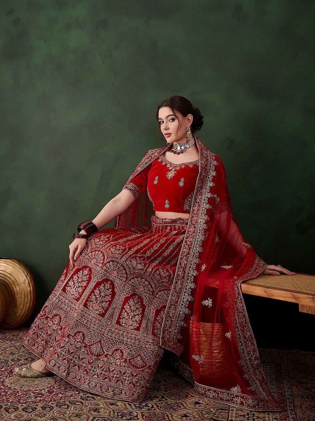 Sangria Embroidered Velvet Flared Lehenga & Unstitched Choli With Dupatta - view 1