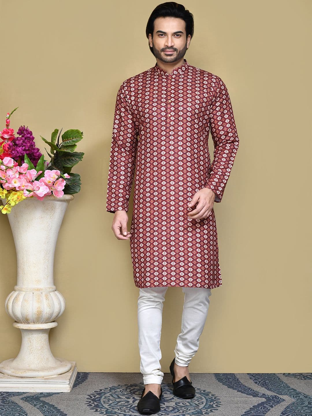 RANAK Ethnic Motifs Printed Cotton Mandarin Collar Straight Kurta - view 1