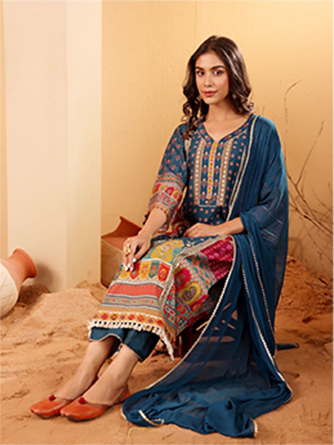 Varanga Ethnic Motifs Printed Sequnnied Chanderi Silk Kurta With Trousers And Dupatta - view 1