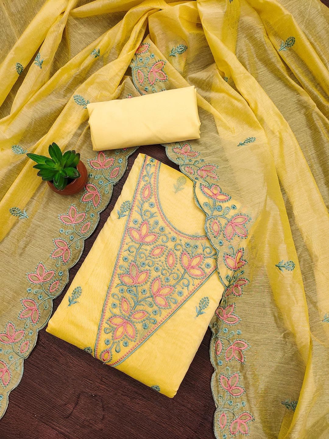 KALINI Floral Embroidered Chanderi Cotton Unstitched Dress Material - view 1