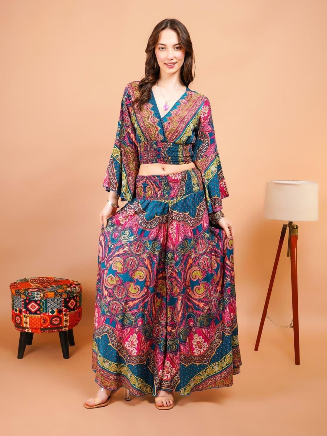 Boholyfe Printed V-Neck Top With Palazzo Co-Ords - view 1