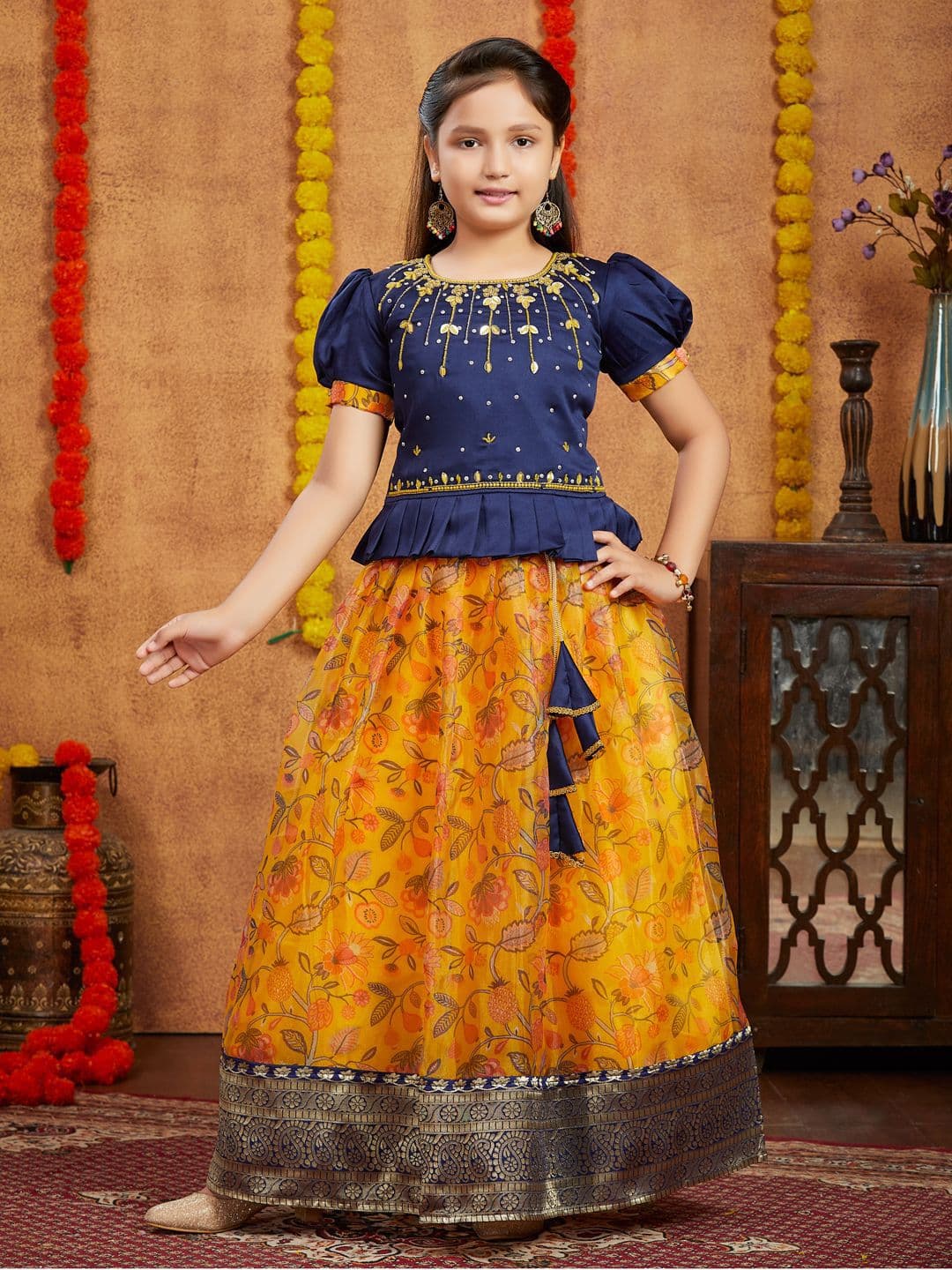 Sangria Girls Beads Embroidered Silk Lehenga Choli Set - view 1