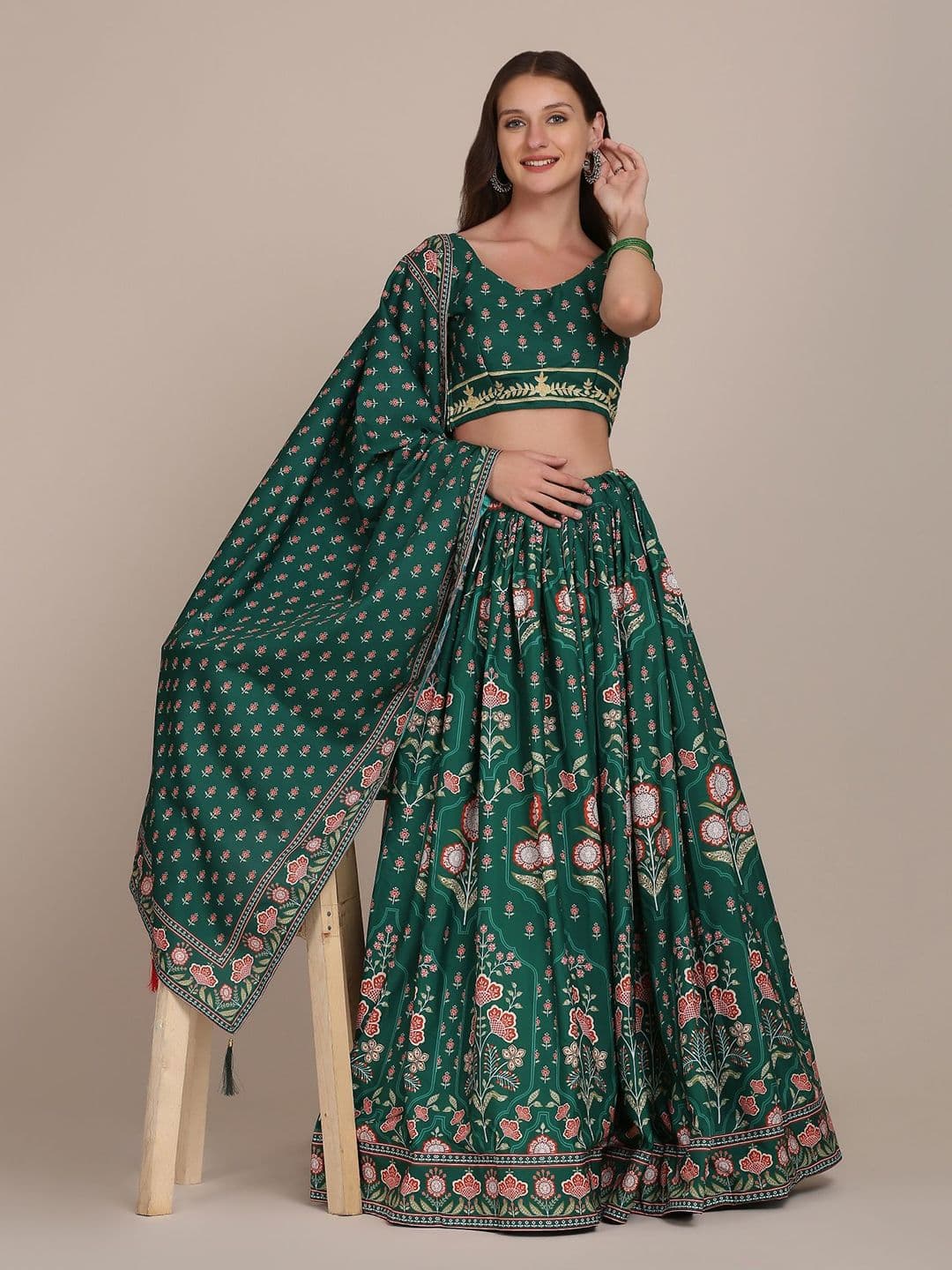 Warthy Ent Floral Printed Semi-Stitched Lehenga & Unstitched Blouse With Dupatta - view 1