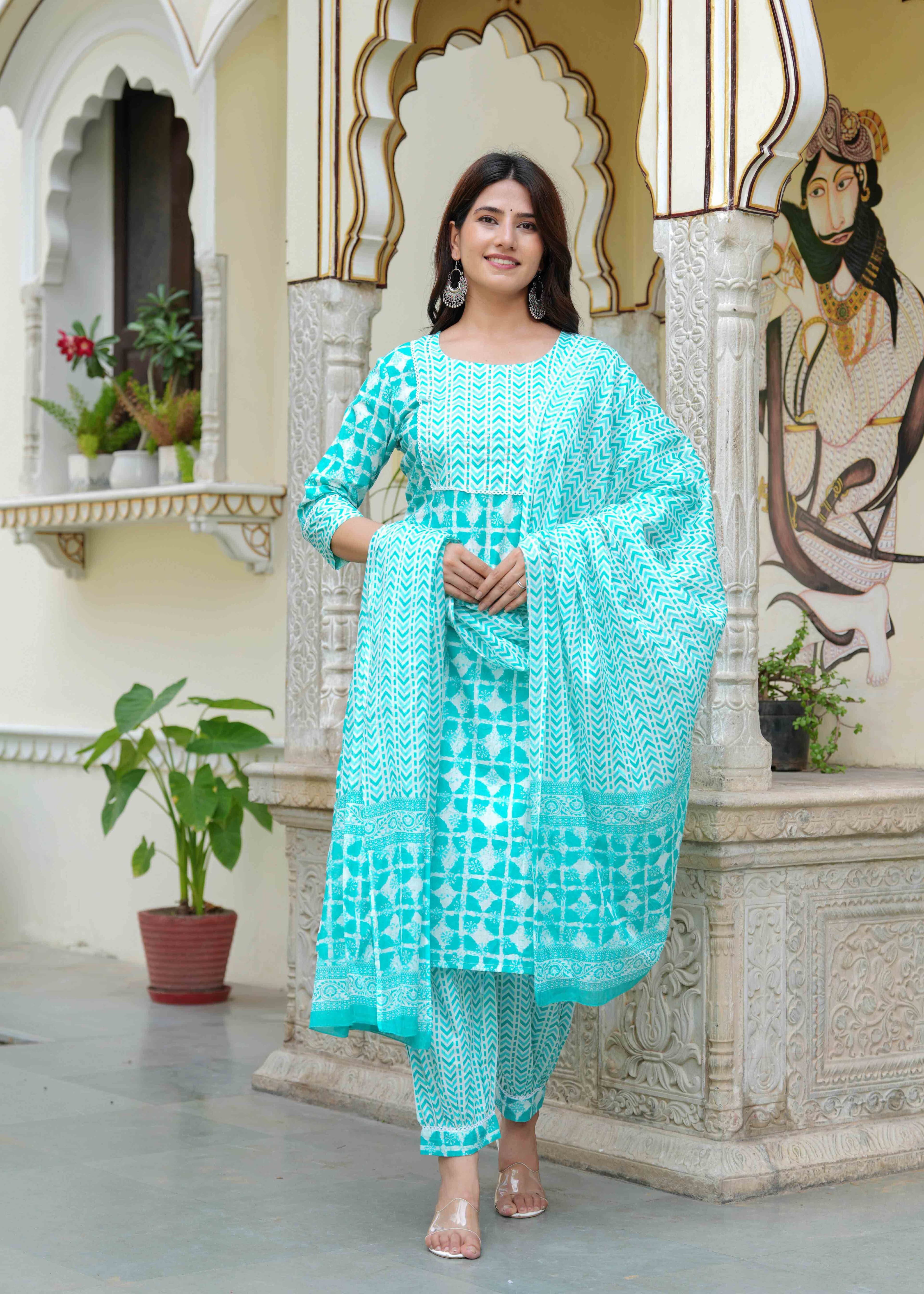 Mishree Collection Geometric Printed Pure Cotton Straight Kurta With Salwar And Dupatta - view 1