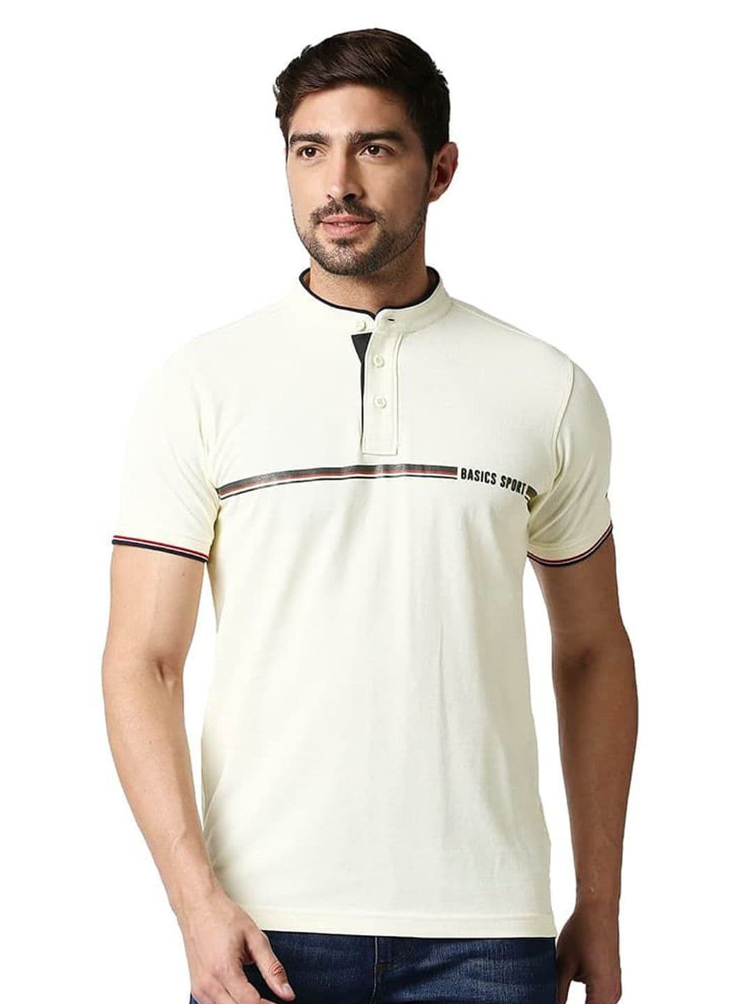 Basics Men Striped Mandarin Collar Cotton T-shirt - view 1