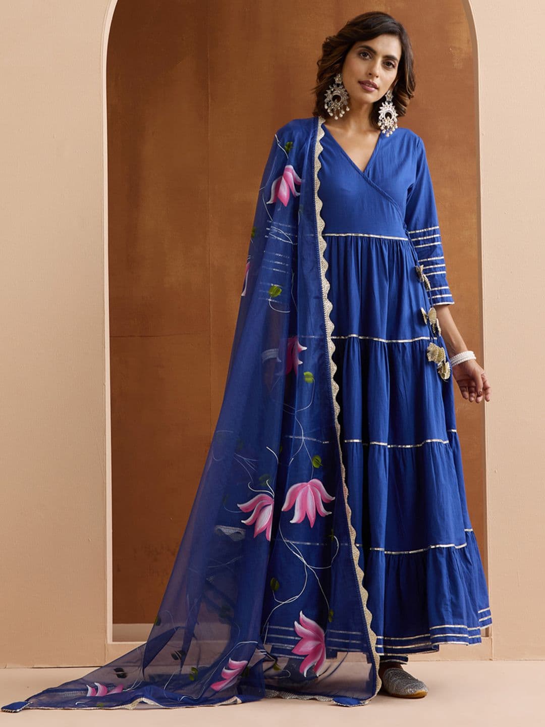 Ishin Gotta Patti Pure Cotton Anarkali Kurta With Trousers & Dupatta - view 1