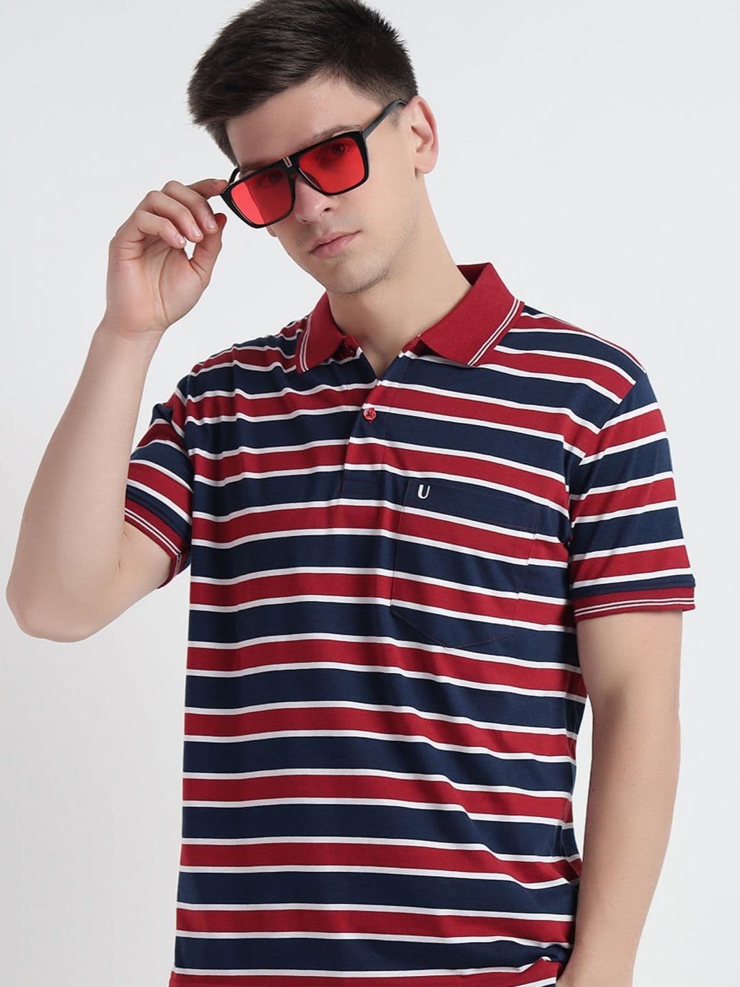 UNIBERRY Men Striped Polo Collar Cotton T-shirt - view 1