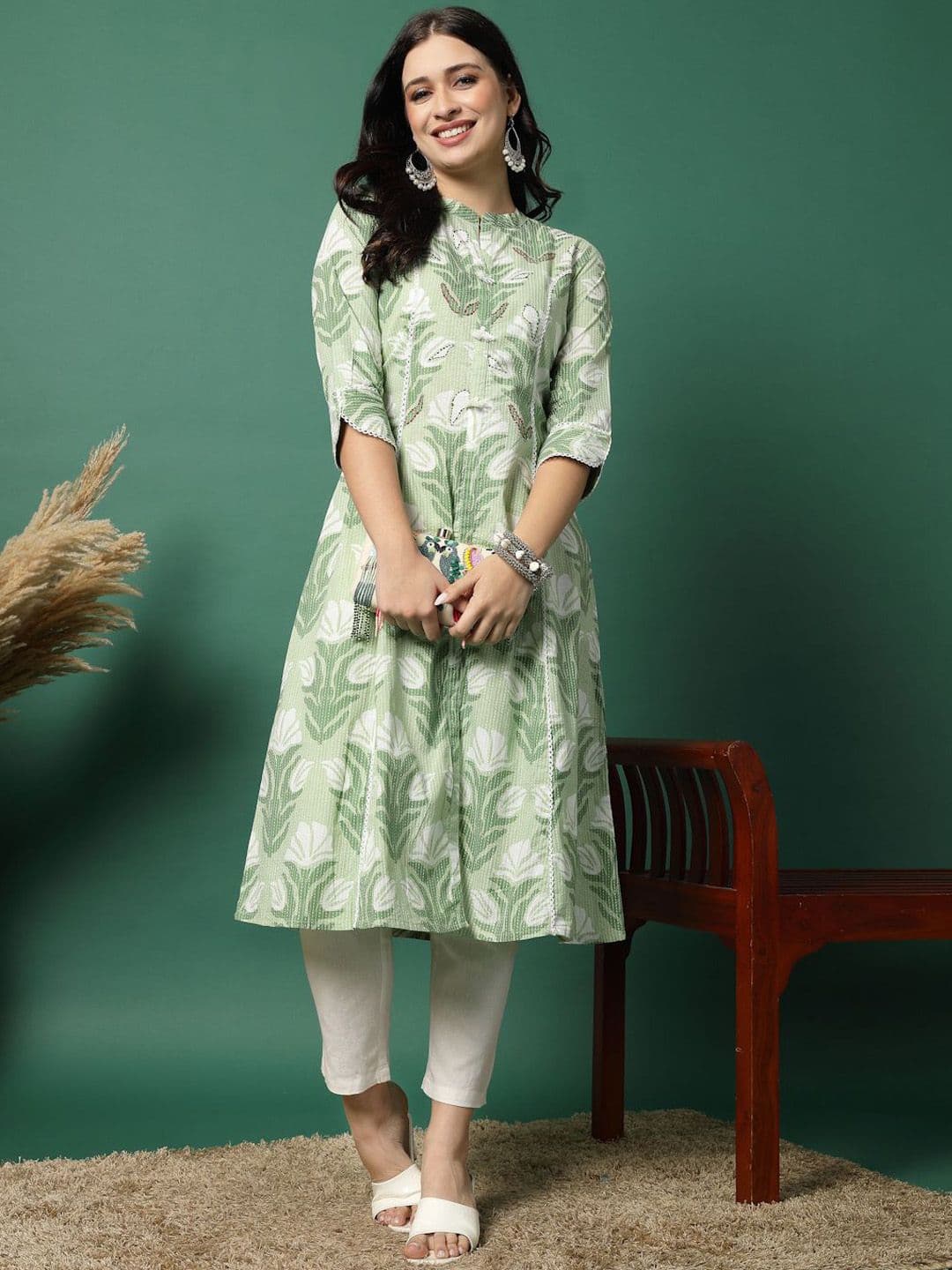 Sangria Floral Printed Pure Cotton Mandarin Collar Thread Work A-Line Kurta - view 1