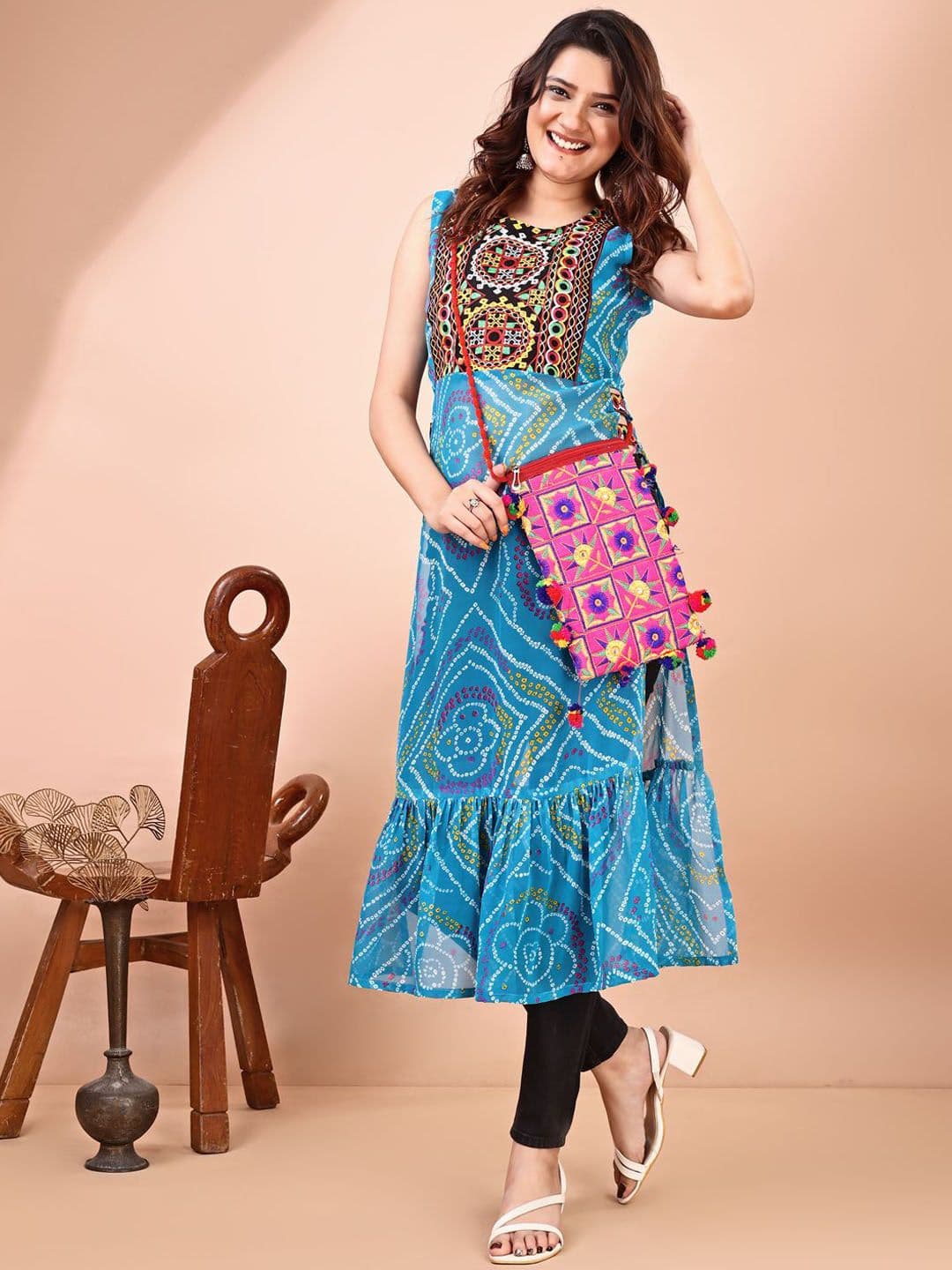 KALINI Bandhani Printed Round Neck Thread Work Georgette Straight Kurta - view 1