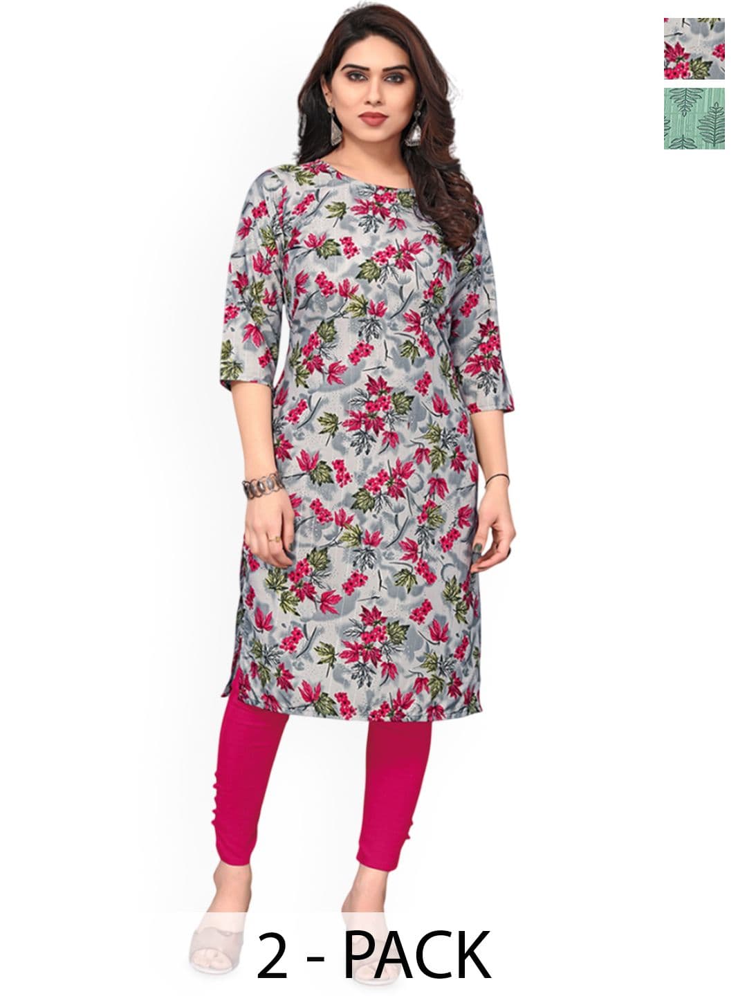 KETAKI FASHION Selection Of 2 Floral Printed Round Neck Straight Kurtas - view 1