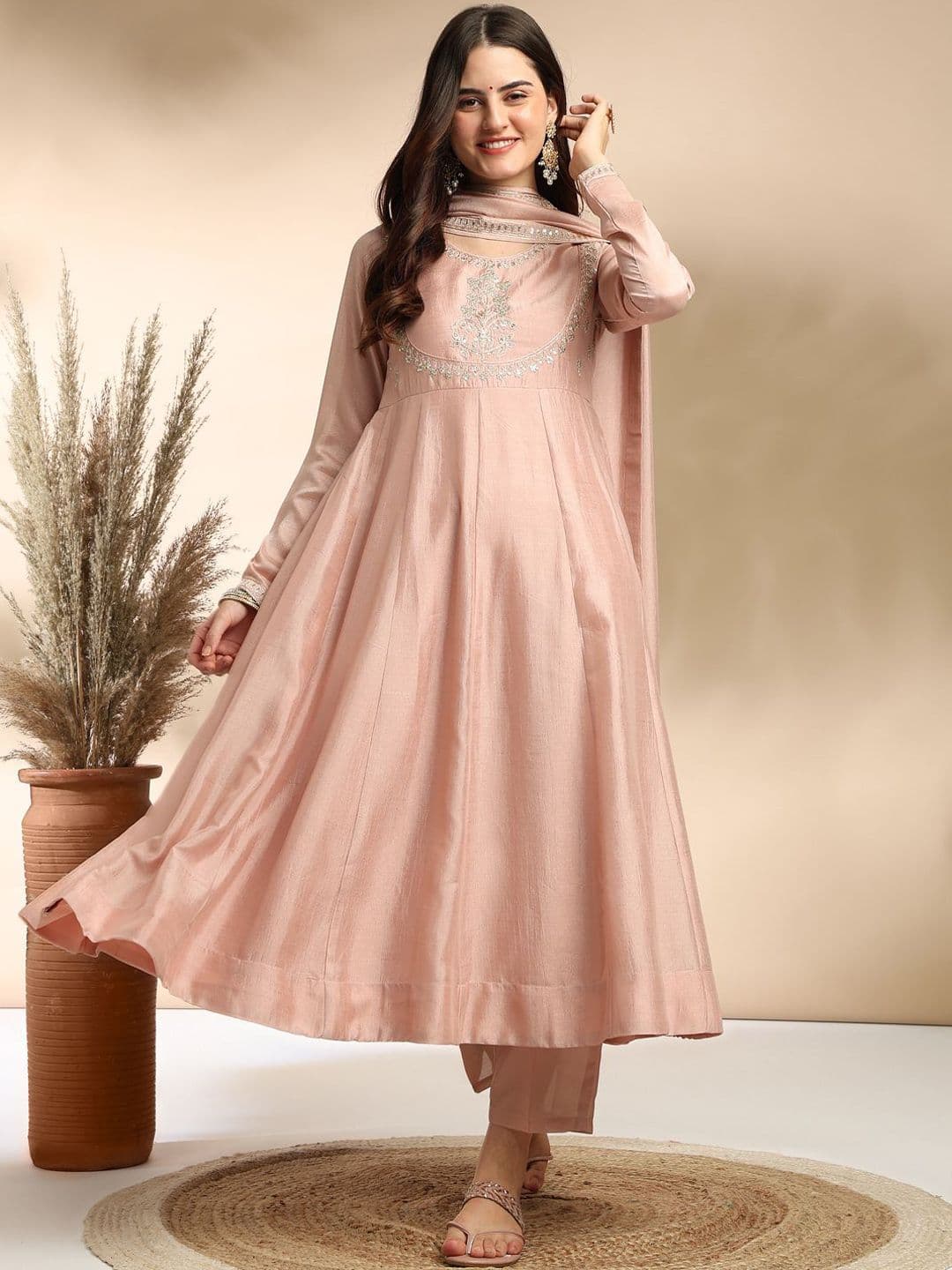 MOKOSH Women Silk Embroidered Anarkali Kurta And Pant With Dupatta Set - view 1