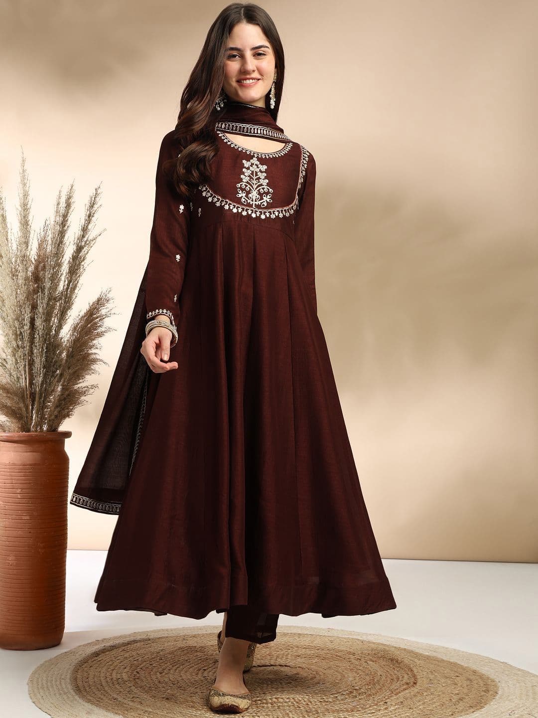 MOKOSH Women Silk Embroidered Anarkali Kurta And Pant With Dupatta Set - view 1