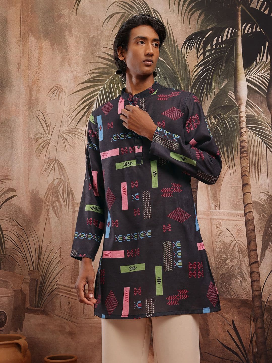 Sangria Ethnic Print Band Collar Long Sleeves Pure Cotton Kurta - view 1