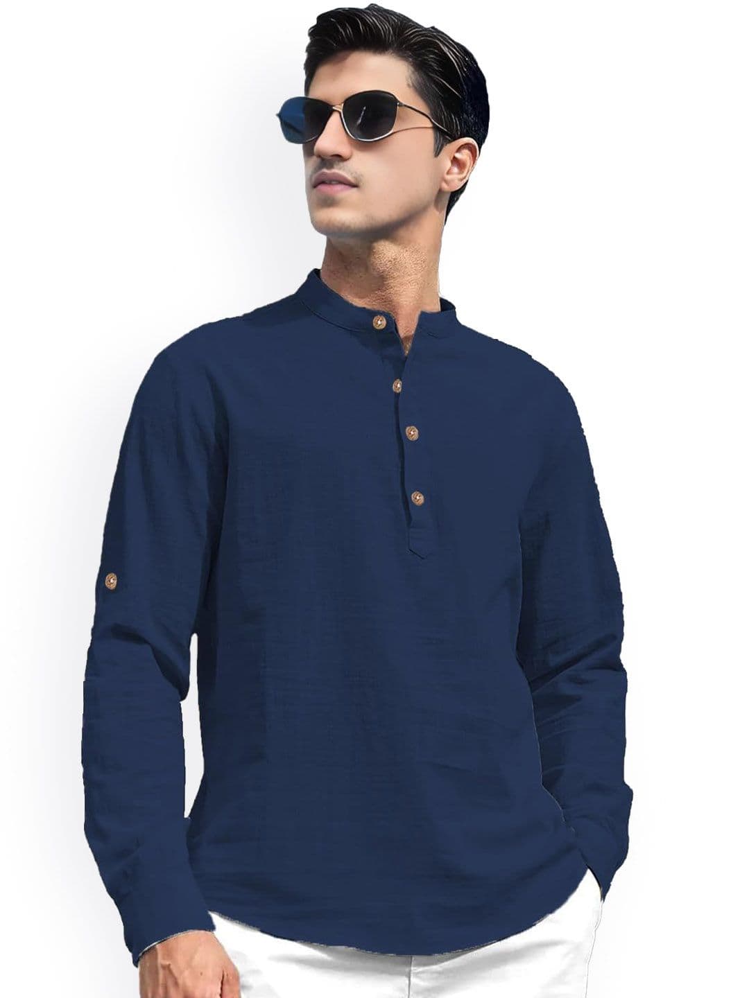 Vida Loca Band Collar Roll-Up Sleeves Pure Cotton Slim Fit Straight Short Kurta - view 1