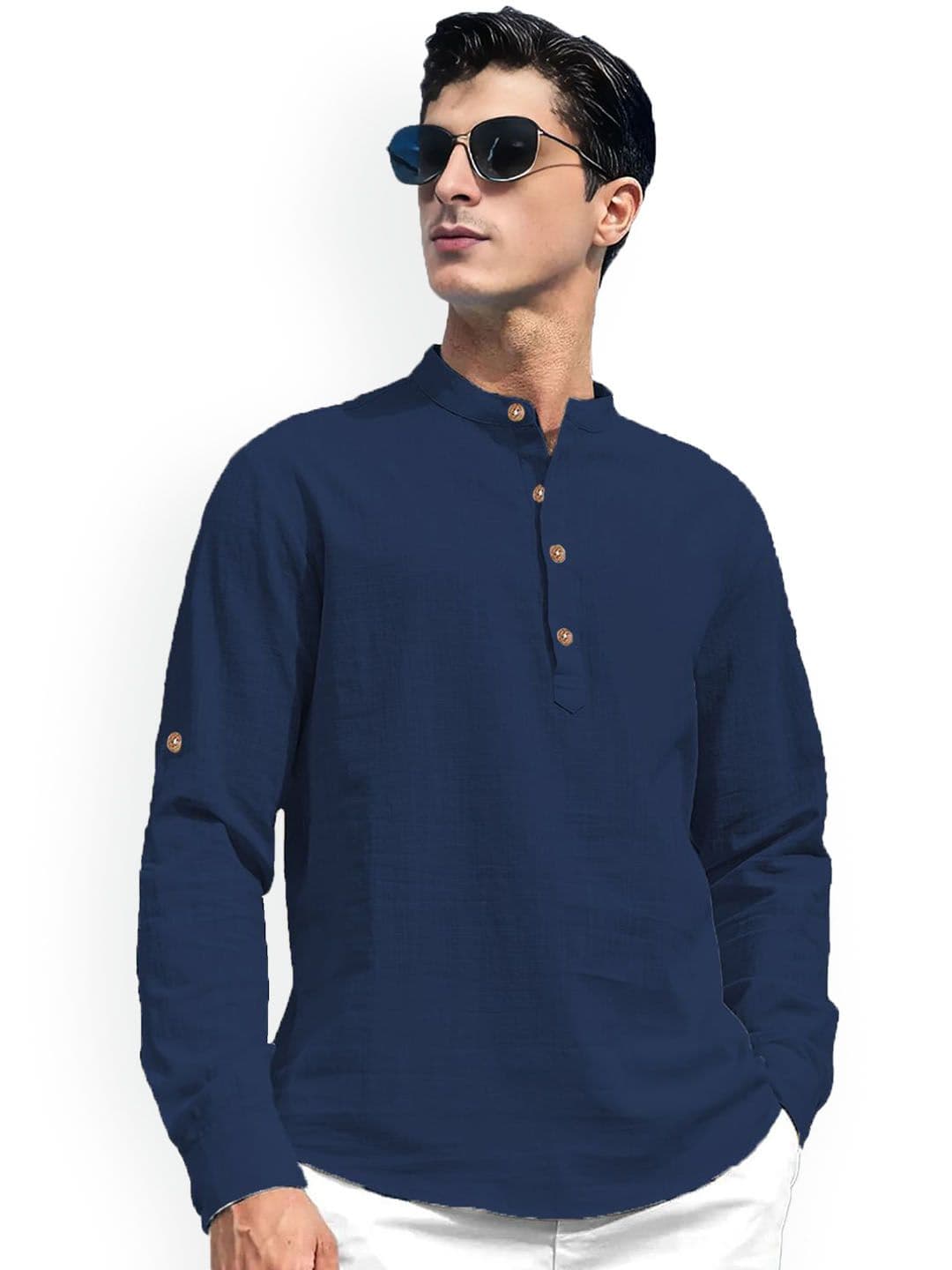 Vida Loca Roll-Up Sleeves Band Collar Cotton Straight Short Kurta - view 1