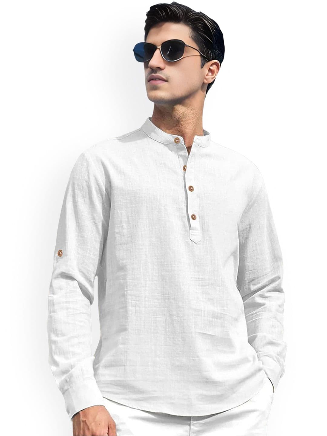 Vida Loca Band Collar Roll-Up Sleeves Pure Cotton Slim Fit Straight Short Kurta - view 1