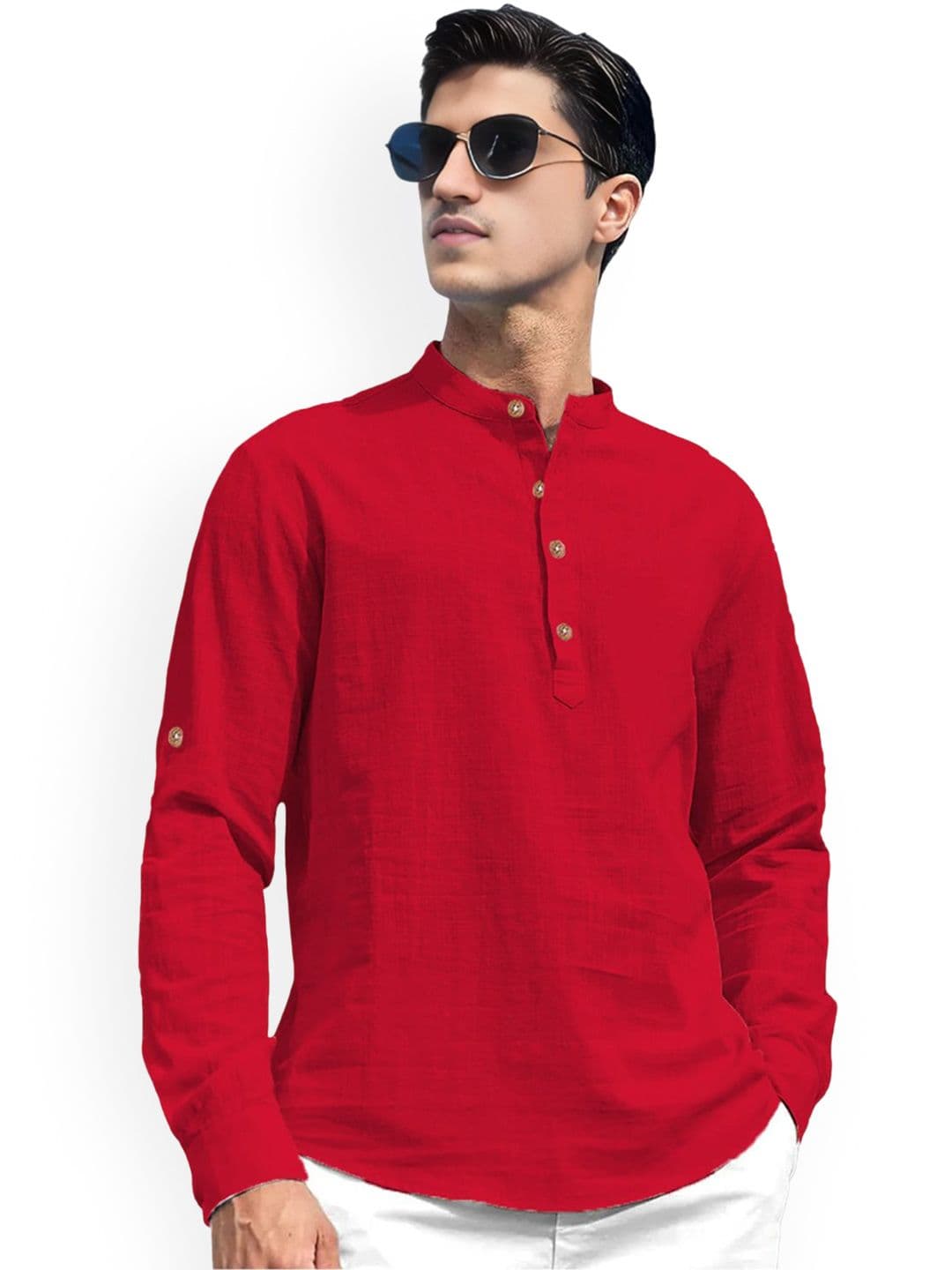 Vida Loca Band Collar Roll-Up Sleeves Pure Cotton Slim Fit Straight Short Kurta - view 1