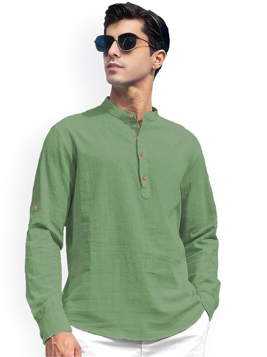 Vida Loca Roll-Up Sleeves Band Collar Cotton Straight Short Kurta - view 1