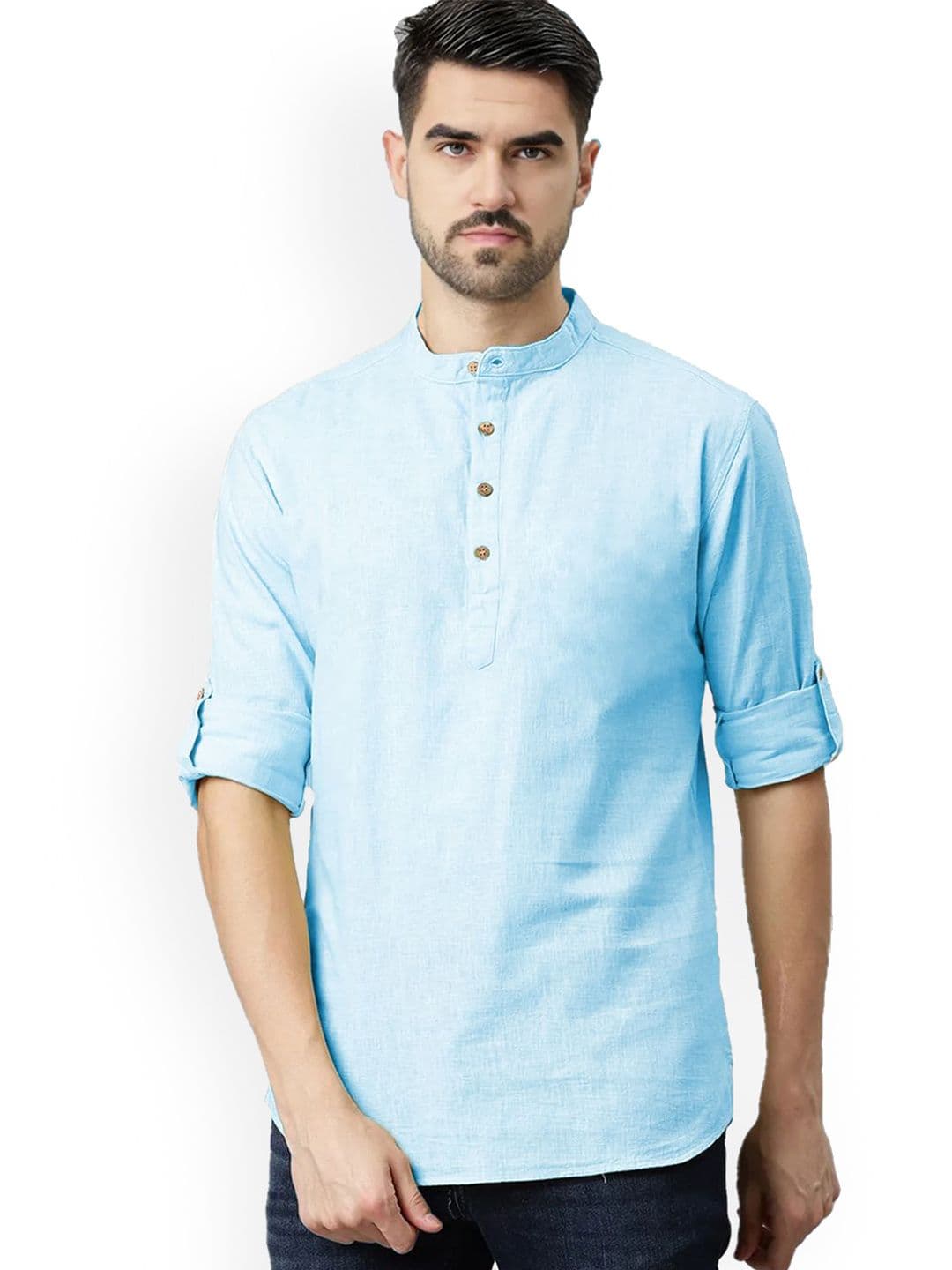 Vida Loca Band Collar Roll-Up Sleeves Pure Cotton Slim Fit Straight Short Kurta - view 1