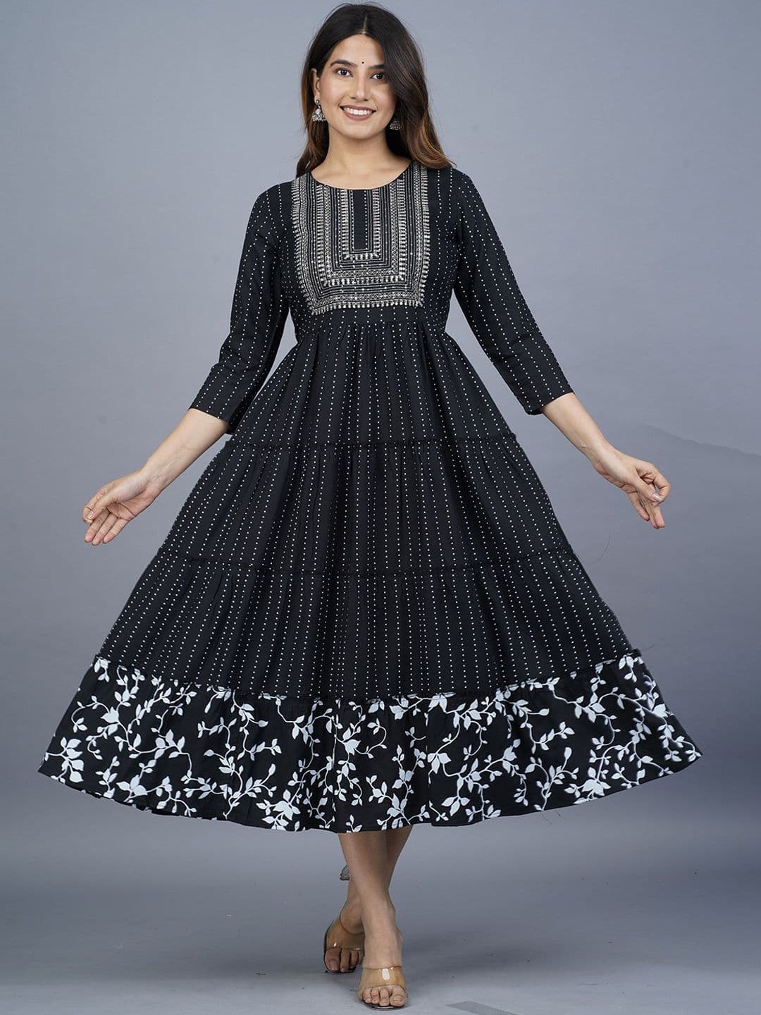 CTMTEX Women Geometric Printed Yoke Design Sequence Ethnic Dress - view 1