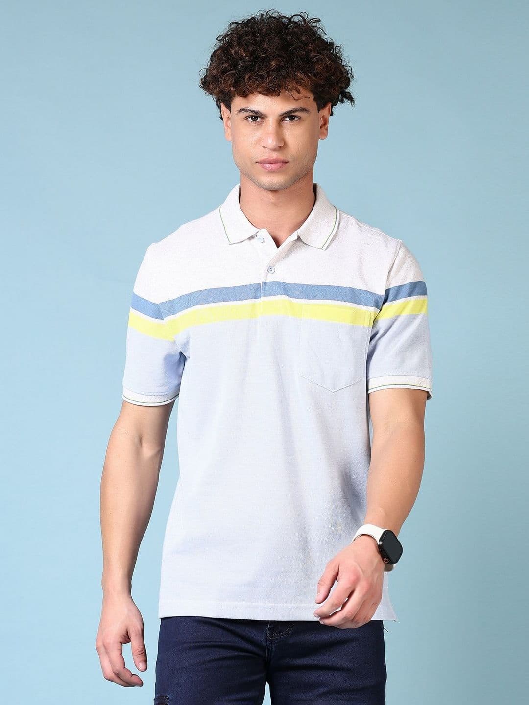 V-Mart Men Striped Polo Collar Cotton T-shirt - view 1