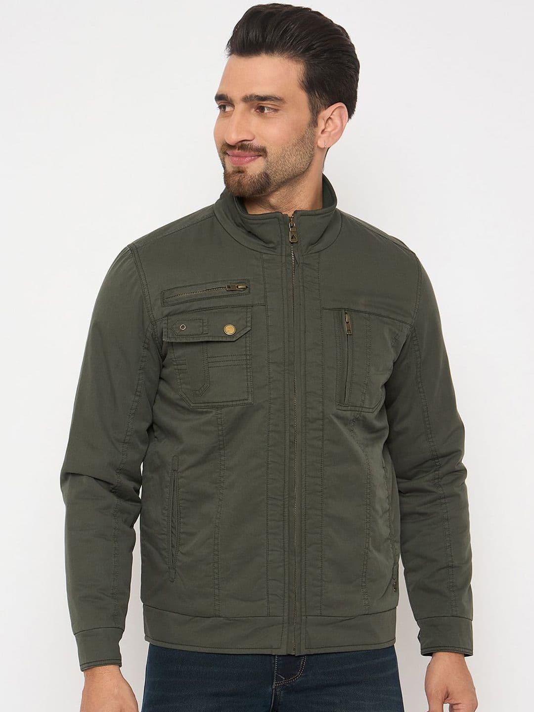 Duke Men Mock Collar Solid Cotton Casual Bomber Jacket - view 1