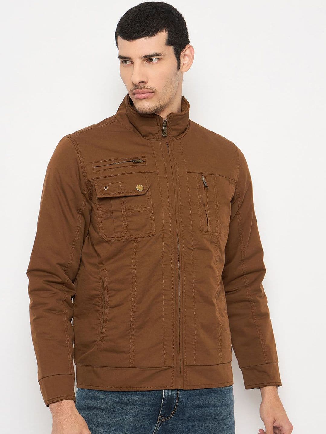 Duke Men Mock Collar Solid Cotton Casual Bomber Jacket - view 1