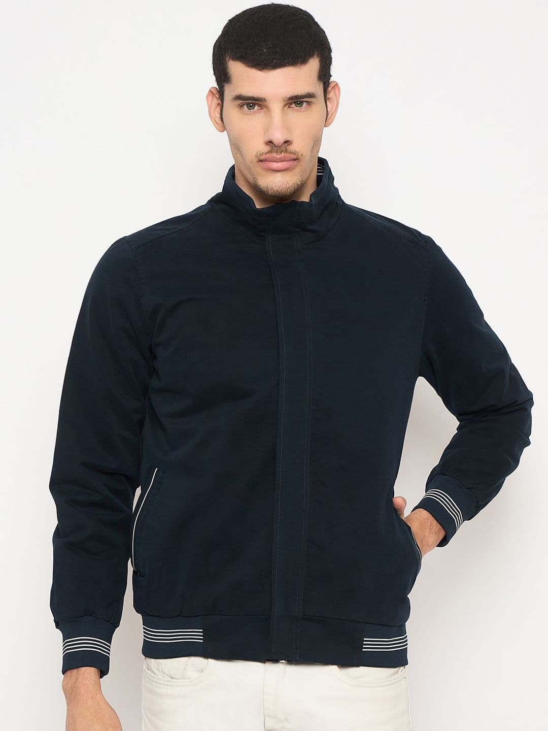 Duke Men Mandarin Collar Solid Cotton Casual Bomber Jacket - view 1
