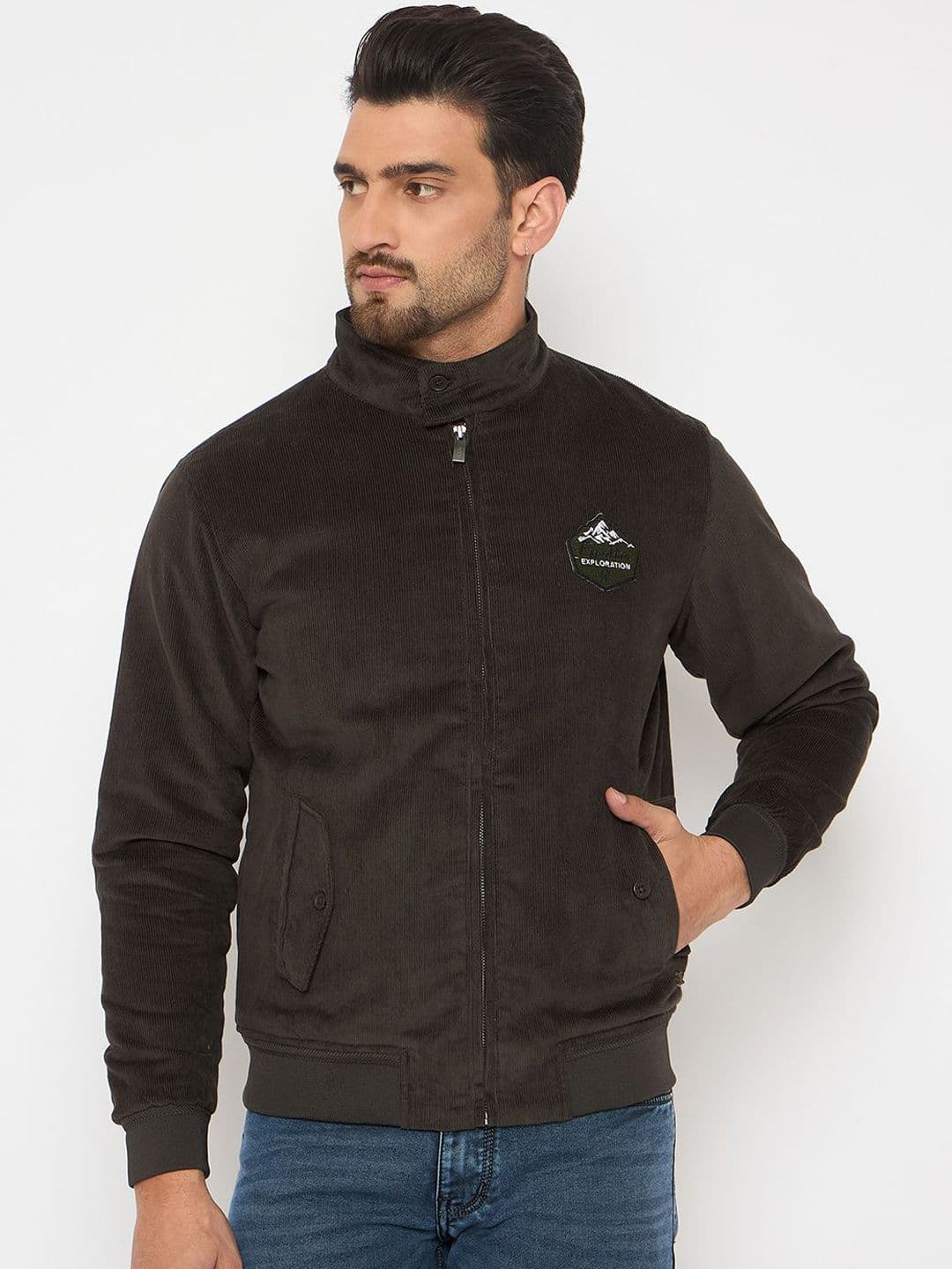 Duke Men Mandarin Collar Solid Corduroy Casual Bomber Jacket - view 1