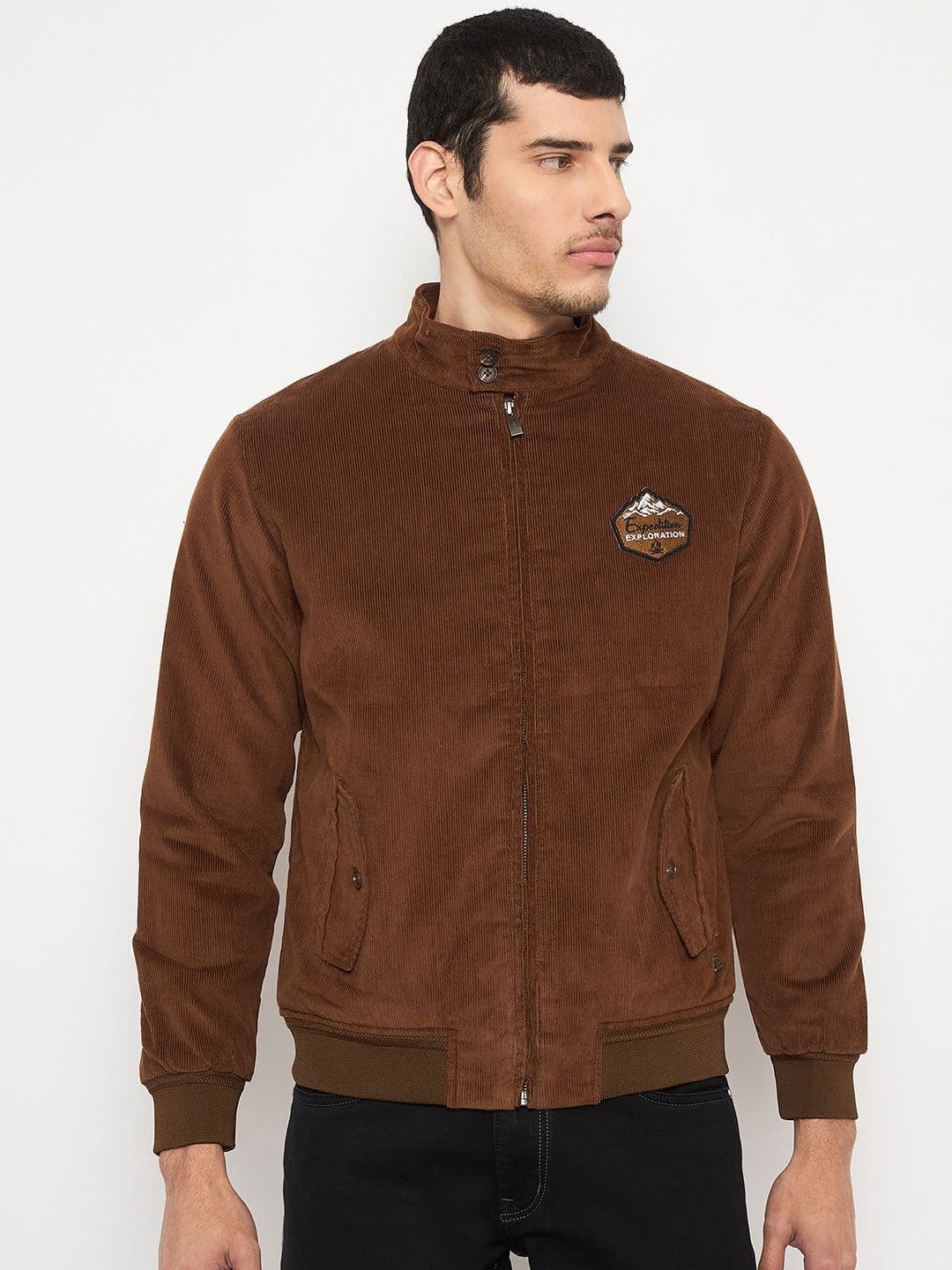 Duke Men Mandarin Collar Solid Corduroy Casual Bomber Jacket - view 1