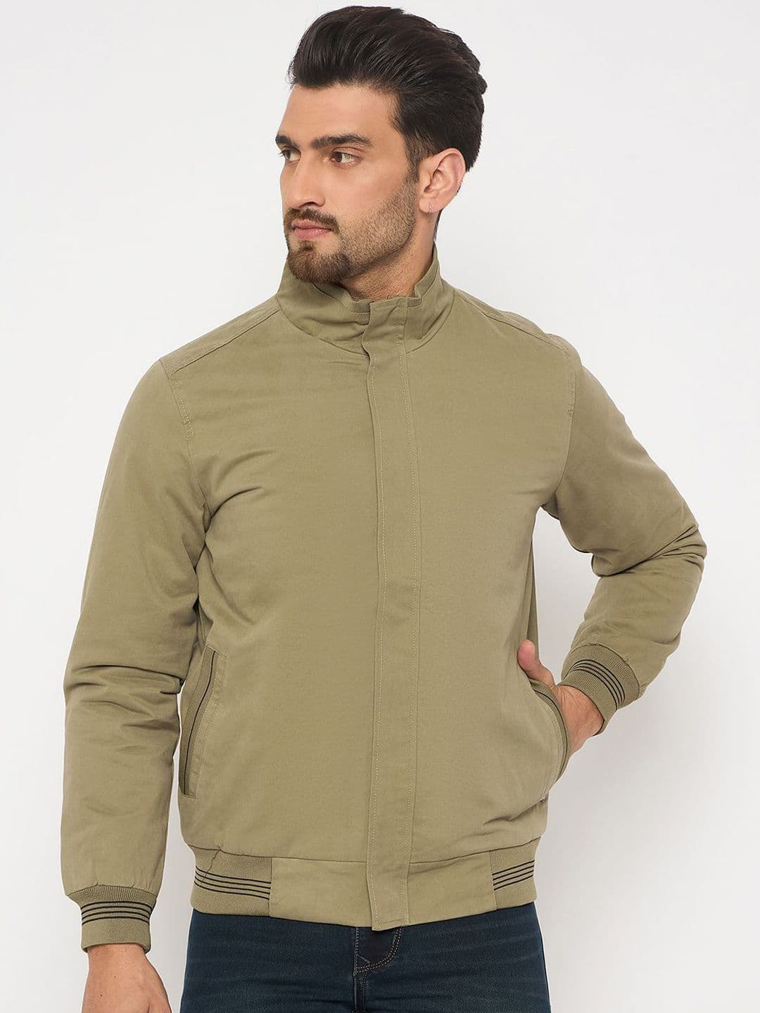 Duke Men Mandarin Collar Solid Cotton Casual Bomber Jacket - view 1