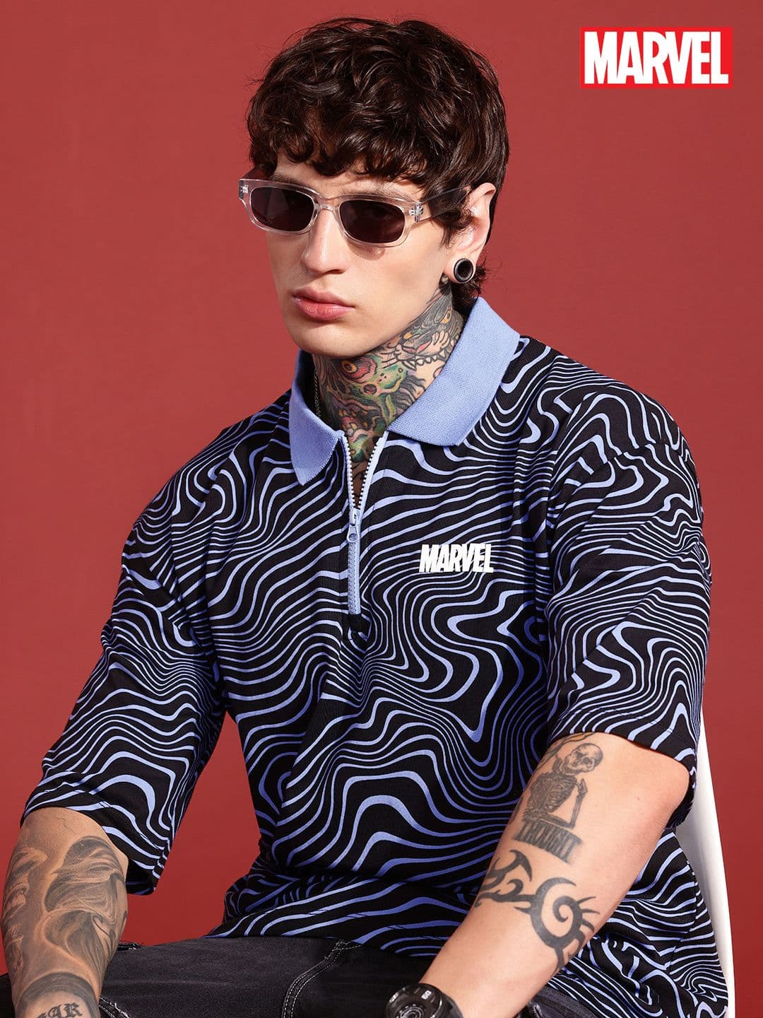MARVEL STREET Printed Polo Collar Oversized Drop-Shoulder Sleeves Pure Cotton T-shirt - view 1