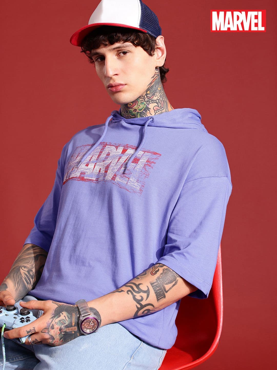 MARVEL STREET Typography Printed Drop-Shoulder Pure Cotton Oversized Hooded T-shirt - view 1