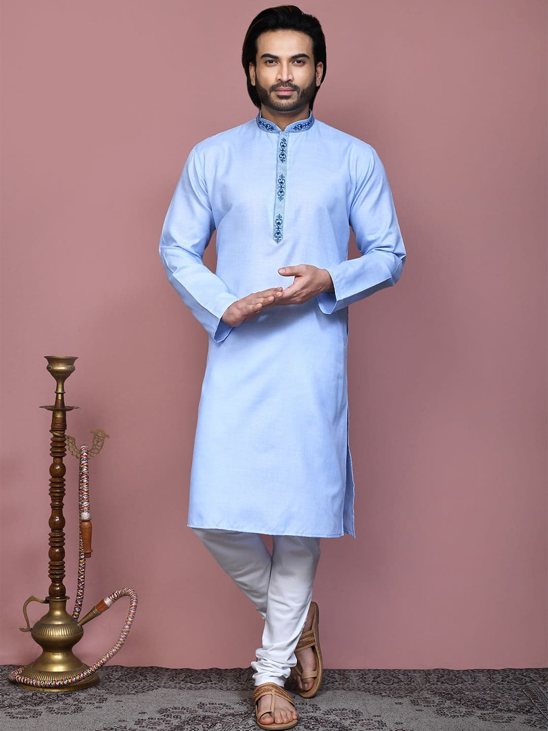 RANAK Thread Work Mandarin Collar Pure Cotton Straight Kurta - view 1