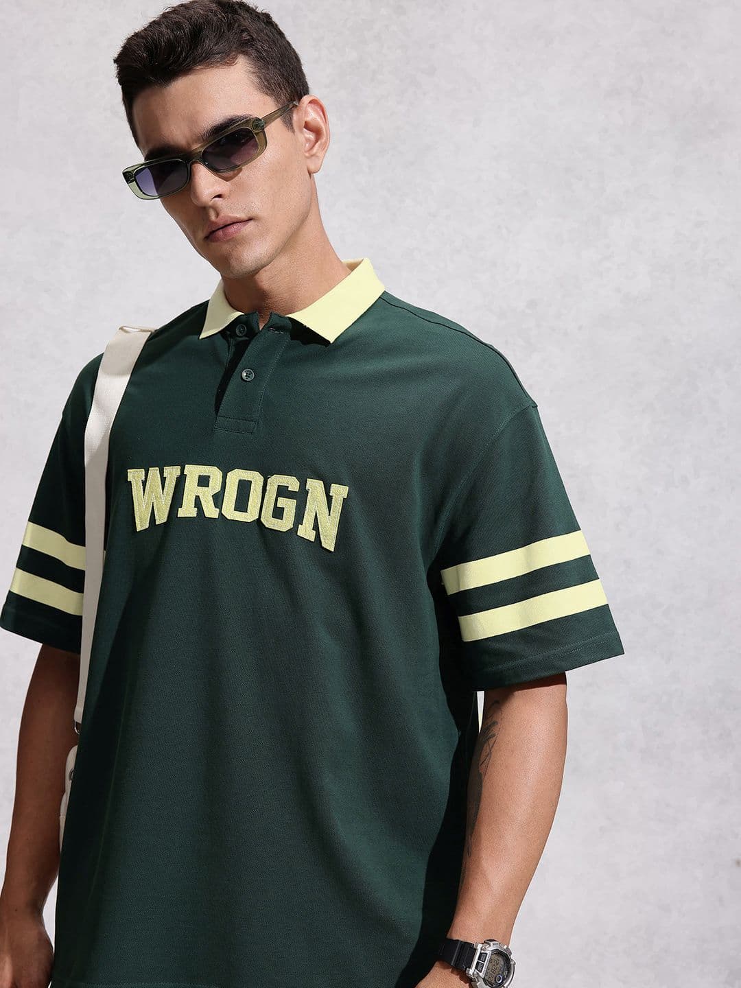 WROGN Oversized Fit Brand Logo Applique Polo Collar Pure Cotton T-shirt - view 1