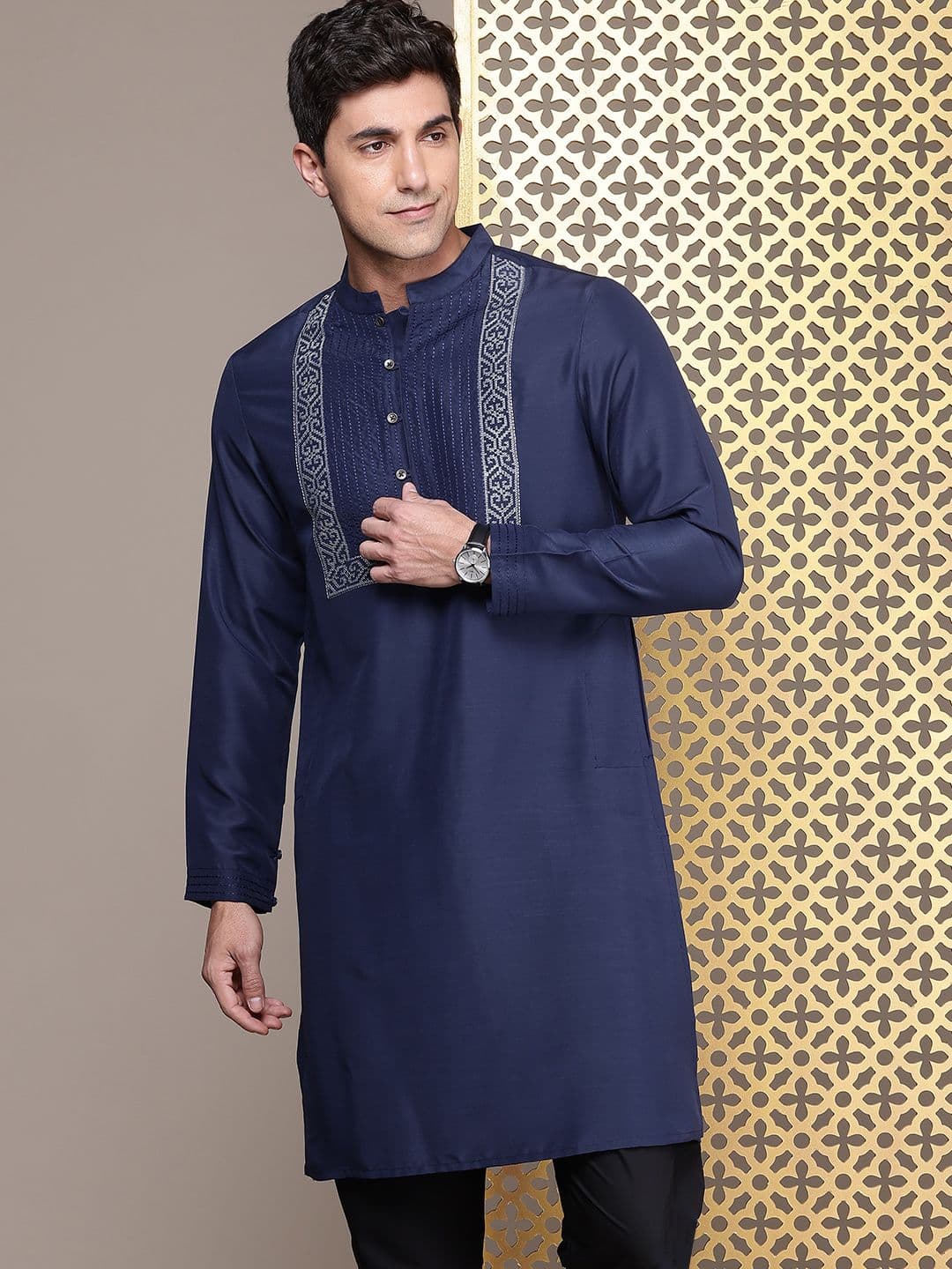 House of Pataudi Ethnic Motifs Yoke Design Mandarin Collar Thread Work Jashn Kurta - view 1